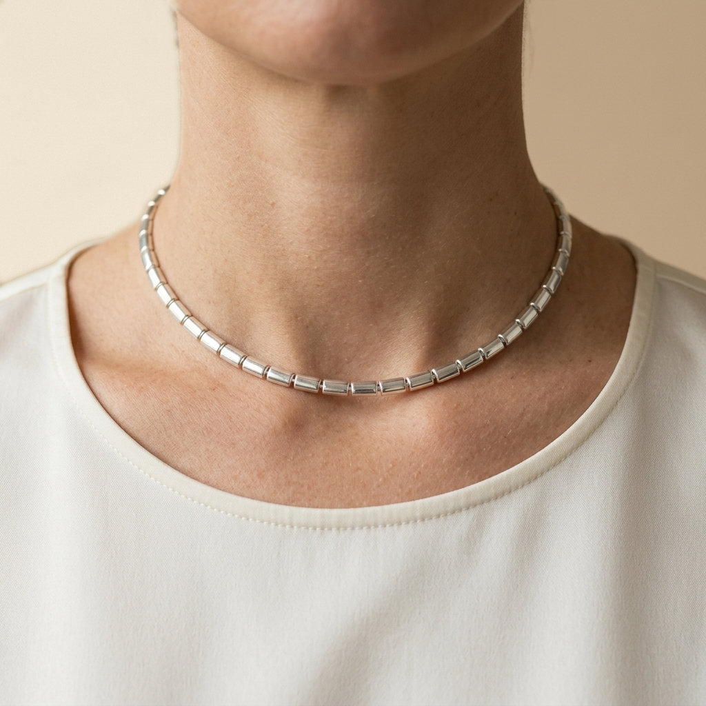 Beaded Tennis Chain Choker - silver color, worn