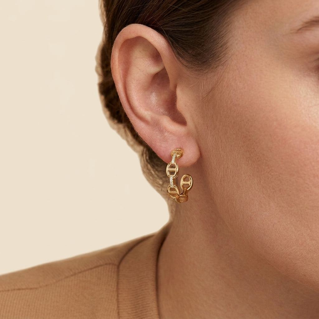Chain Link Hoop Earrings - anchor link, gold color, worn