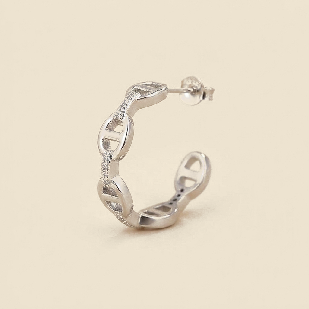 Chain Link Hoop Earrings - anchor link, silver color