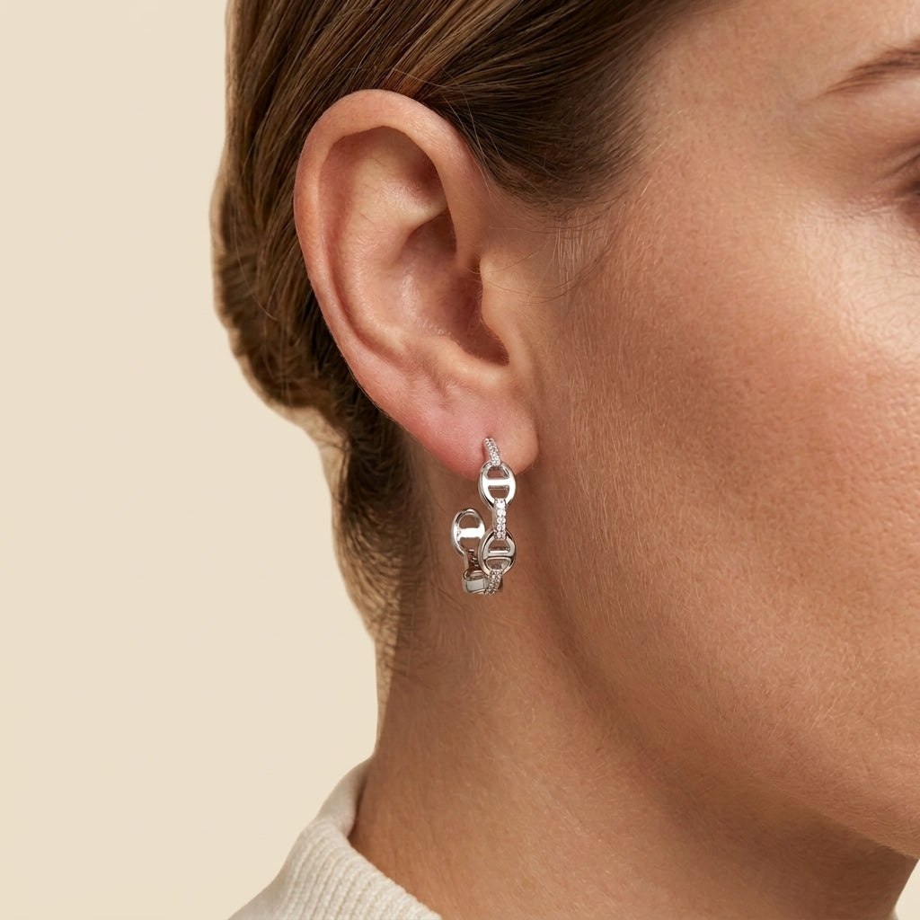 Chain Link Hoop Earrings - anchor link, silver color, worn