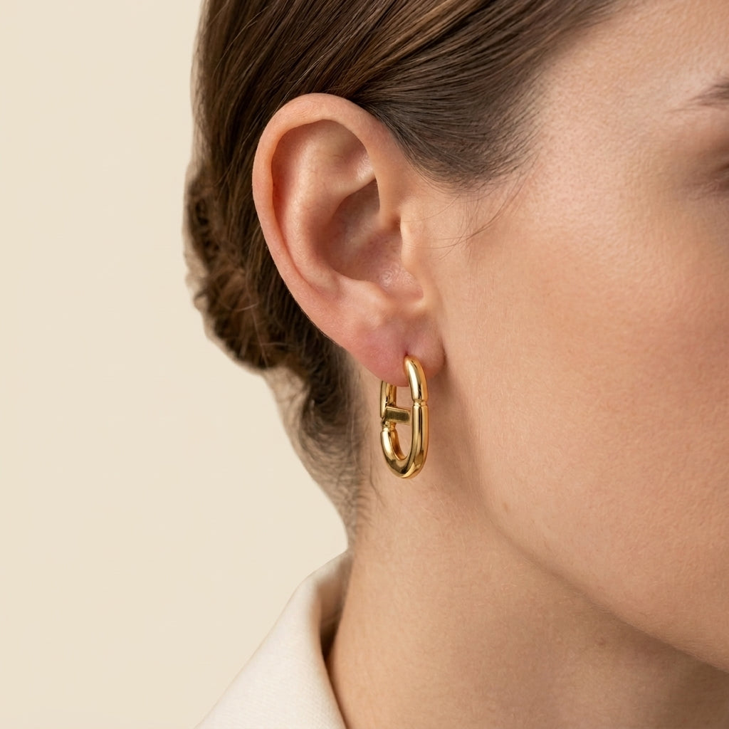 Chain Link Hoop Earrings - D-link, gold color, worn
