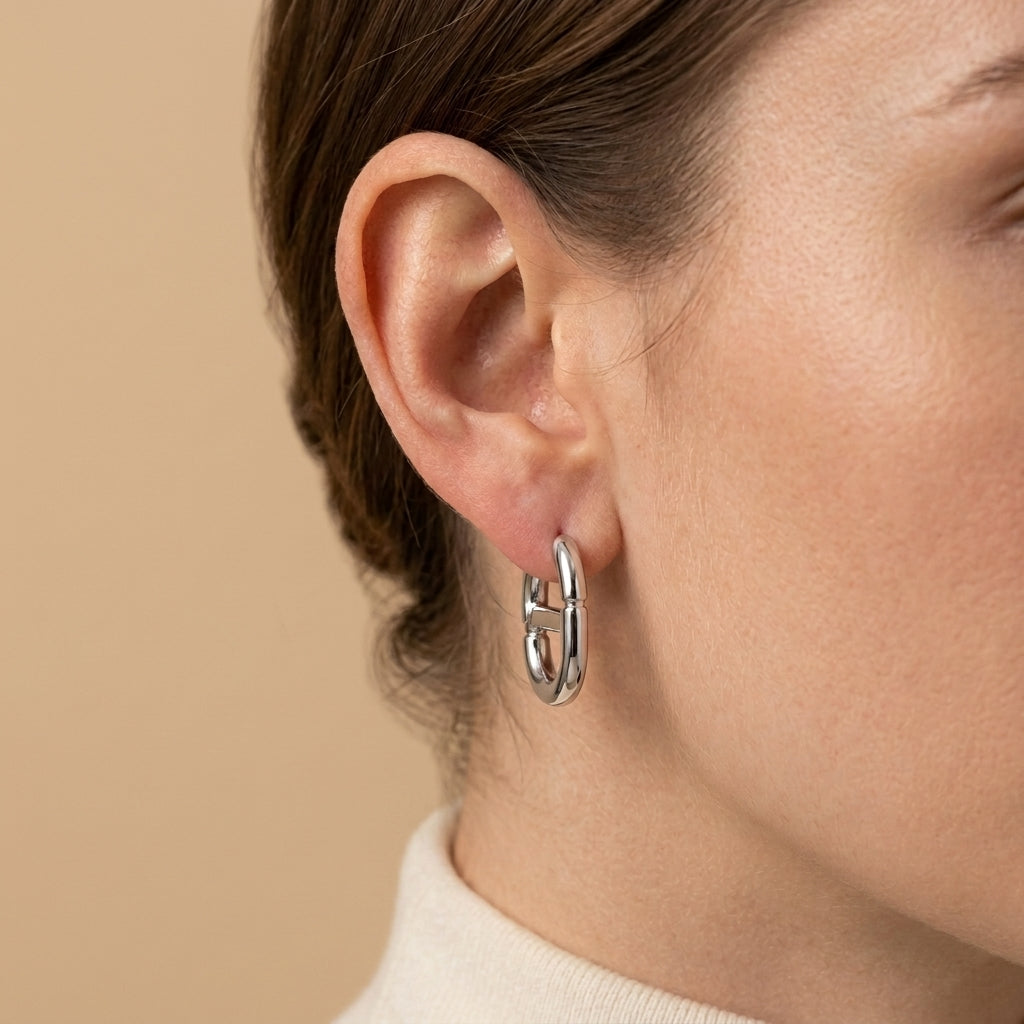 Chain Link Hoop Earrings - D-link, silver color, worn