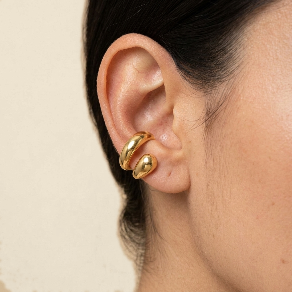 Clip-On Ear Cuff - gold color, worn