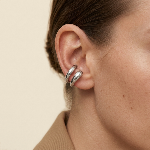 Clip-On Ear Cuff - silver color, worn