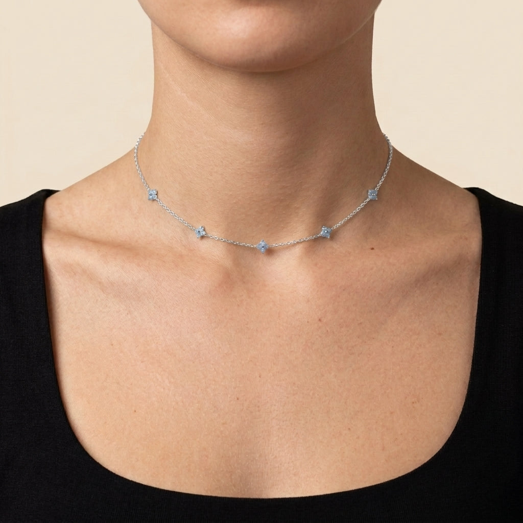 Crystal Clover Choker - silver color, worn