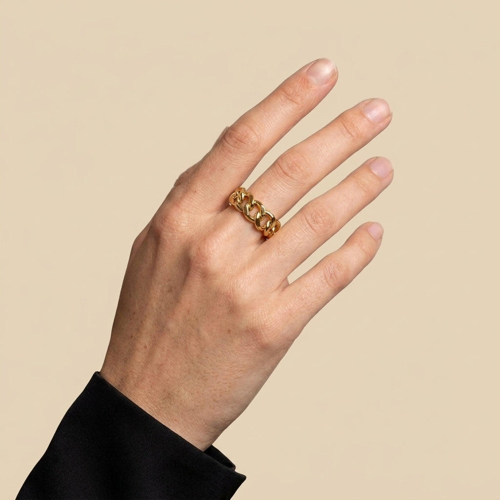 Cutout Statement Ring - curb chain design, gold color, worn