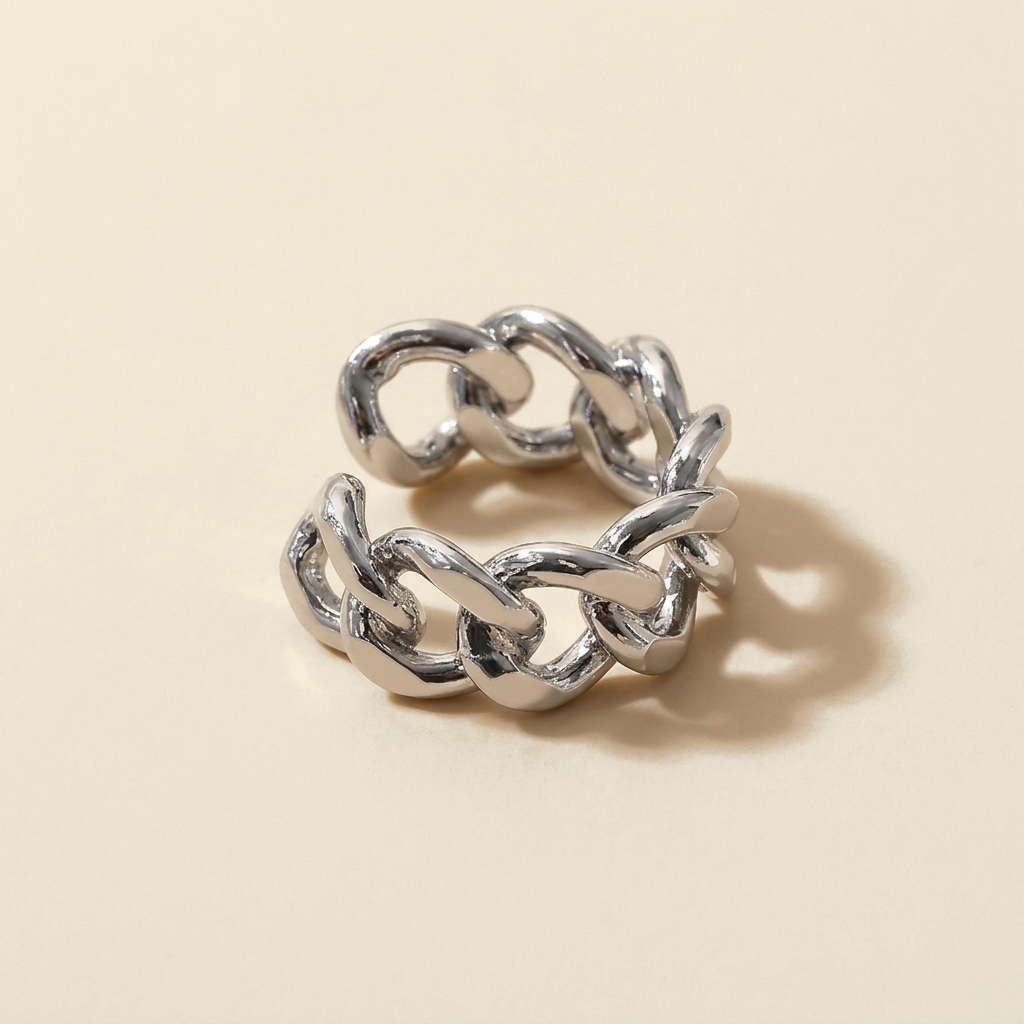 Cutout Statement Ring - curb chain design, silver color
