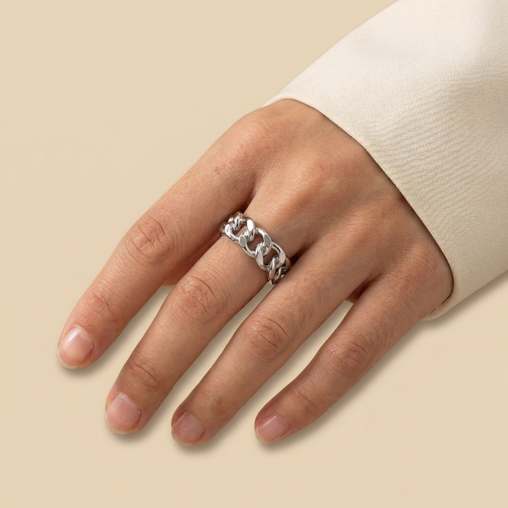Cutout Statement Ring - curb chain design, silver color, worn