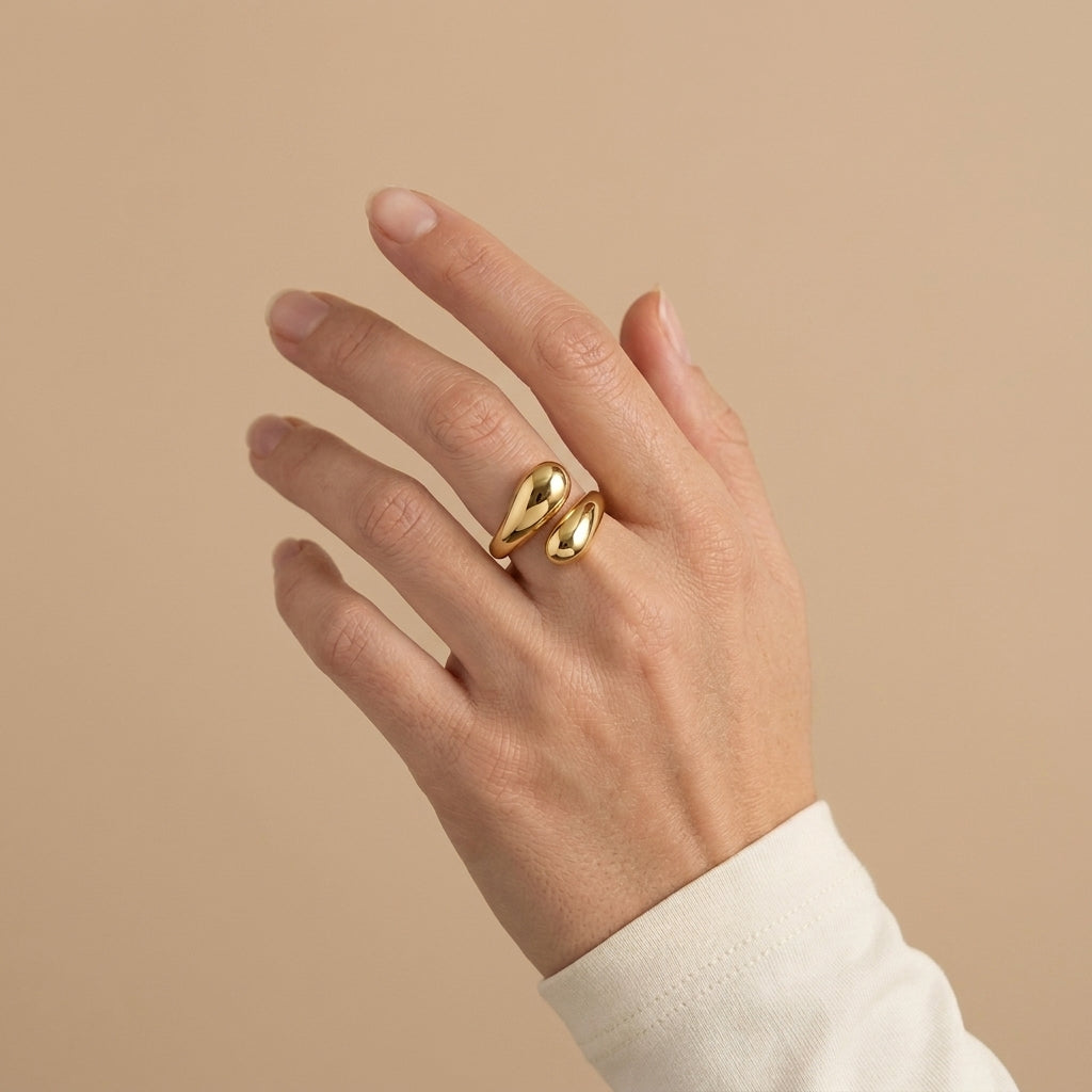 Cutout Statement Ring - double teardrop design, gold color, worn
