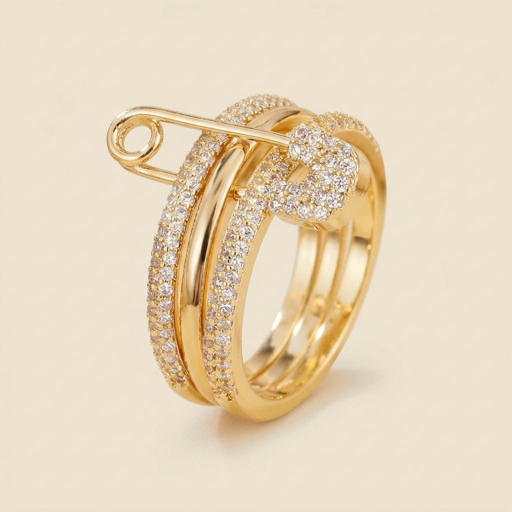 Paperclip Stacking Ring with pave cubic zirconia - gold color
