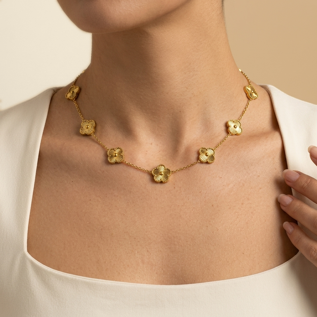 Five Leaf Flower Choker, worn