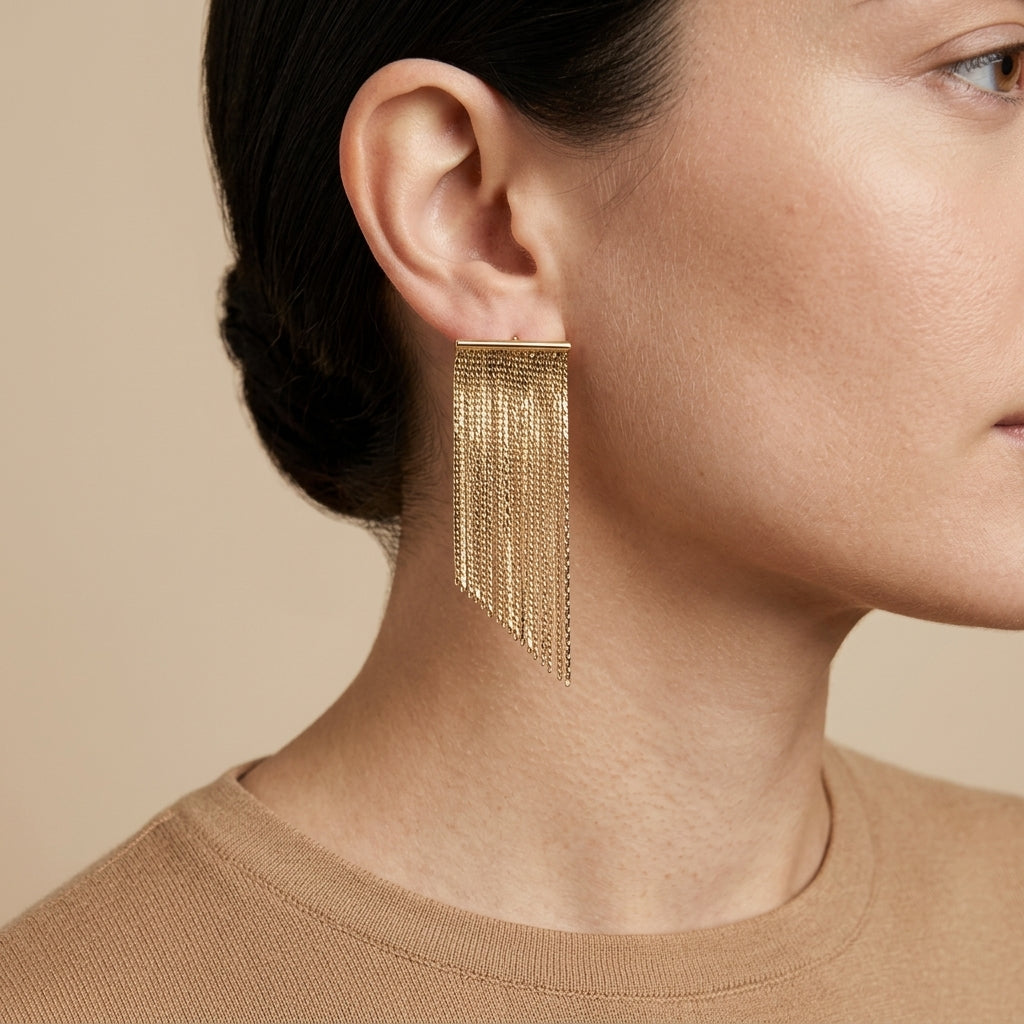 Fringe Tassel Earrings - gold color, worn