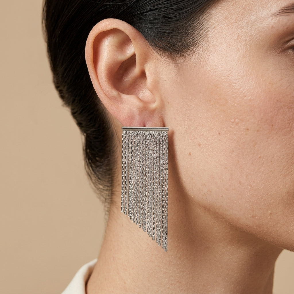 Fringe Tassel Earrings - silver color, worn