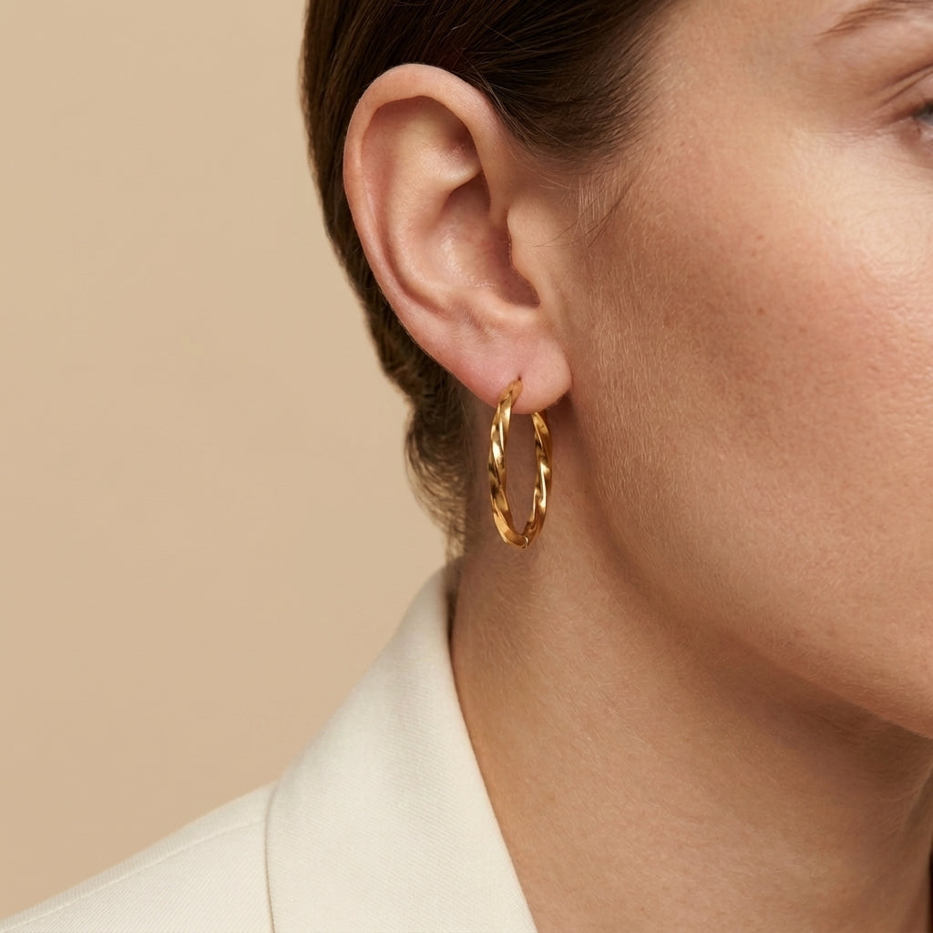 Geometric Pattern Hoops - gold color, worn