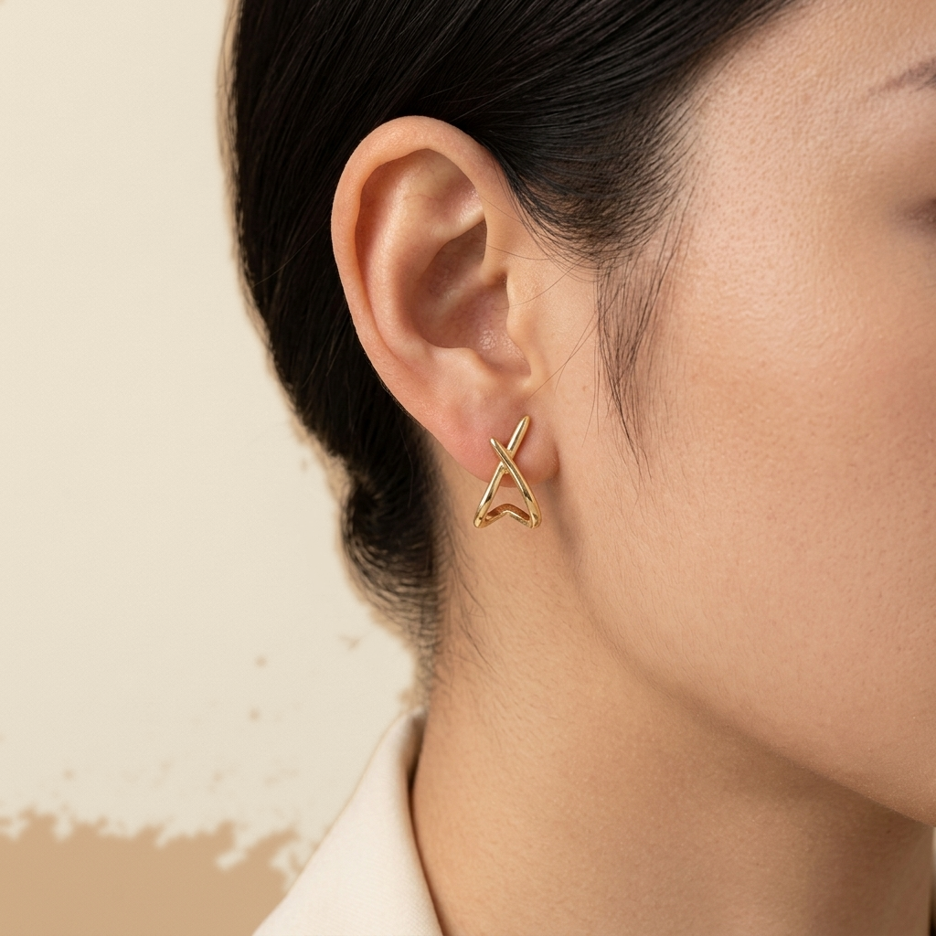 Geometric Intersection Earrings - gold color, worn
