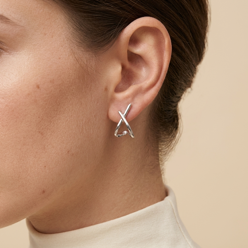 Geometric Intersection Earrings - silver color, worn