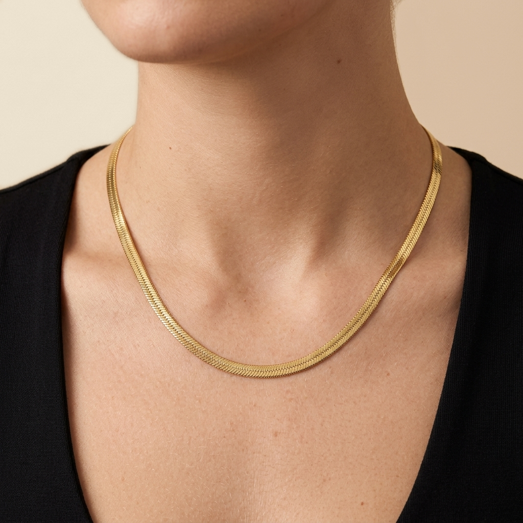 Flat Herringbone Chain Necklace, worn