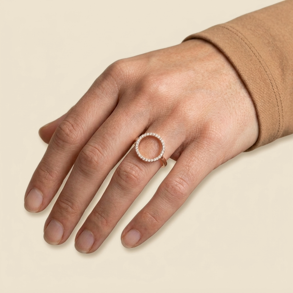 Pave Hollow Circle Ring - rose gold color, worn - US 7 · EU 54