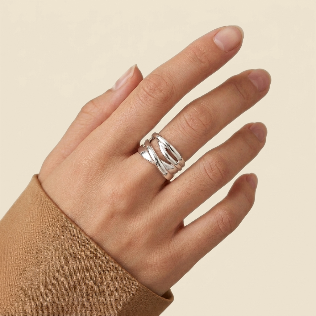Interlocking Band Ring - silver color, worn