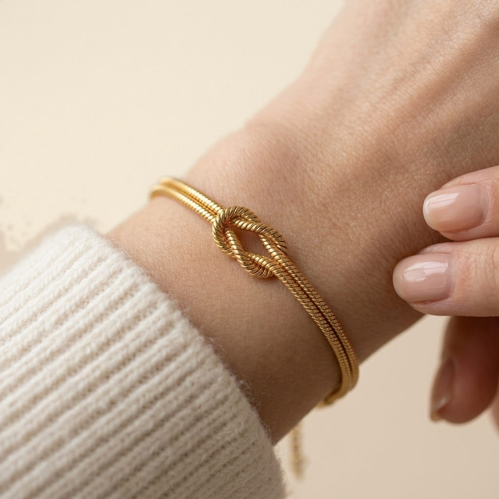 Knotted Snake Chain Bracelet - gold color, worn