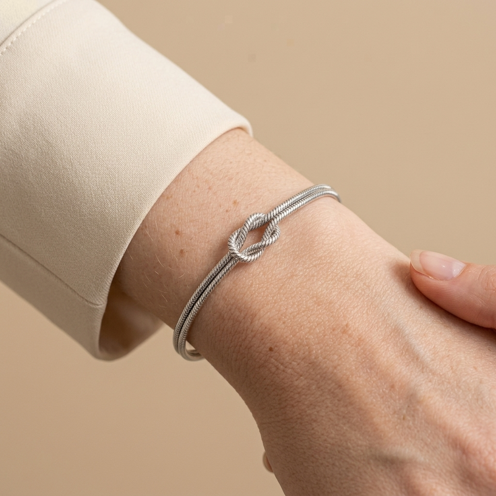 Knotted Snake Chain Bracelet - silver color, worn