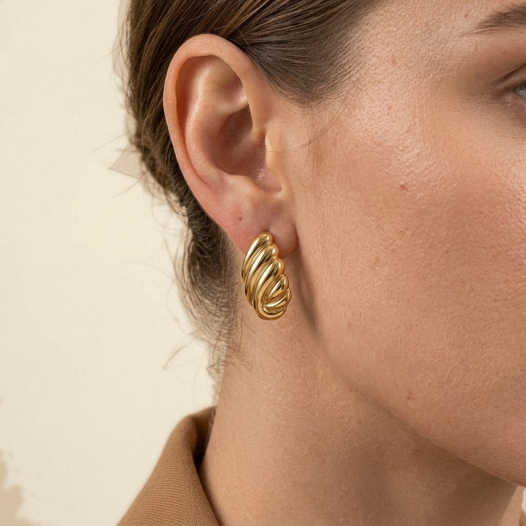 Textured Knot Studs - ribbed croissant hoop design, worn