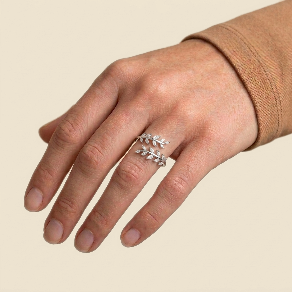 Leaf Branch Wrap Ring - silver color, worn