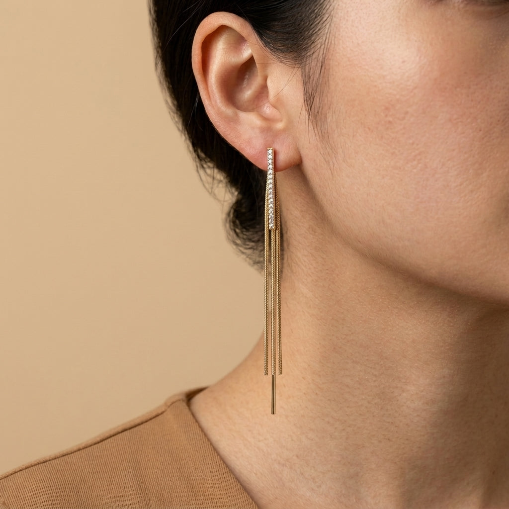 Long Tassel Earrings - gold color, worn