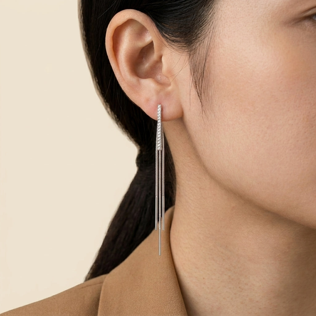 Long Tassel Earrings - silver color, worn