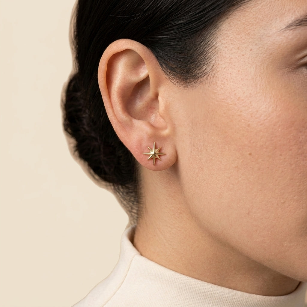 Mini Star Stud Earrings - gold color, worn