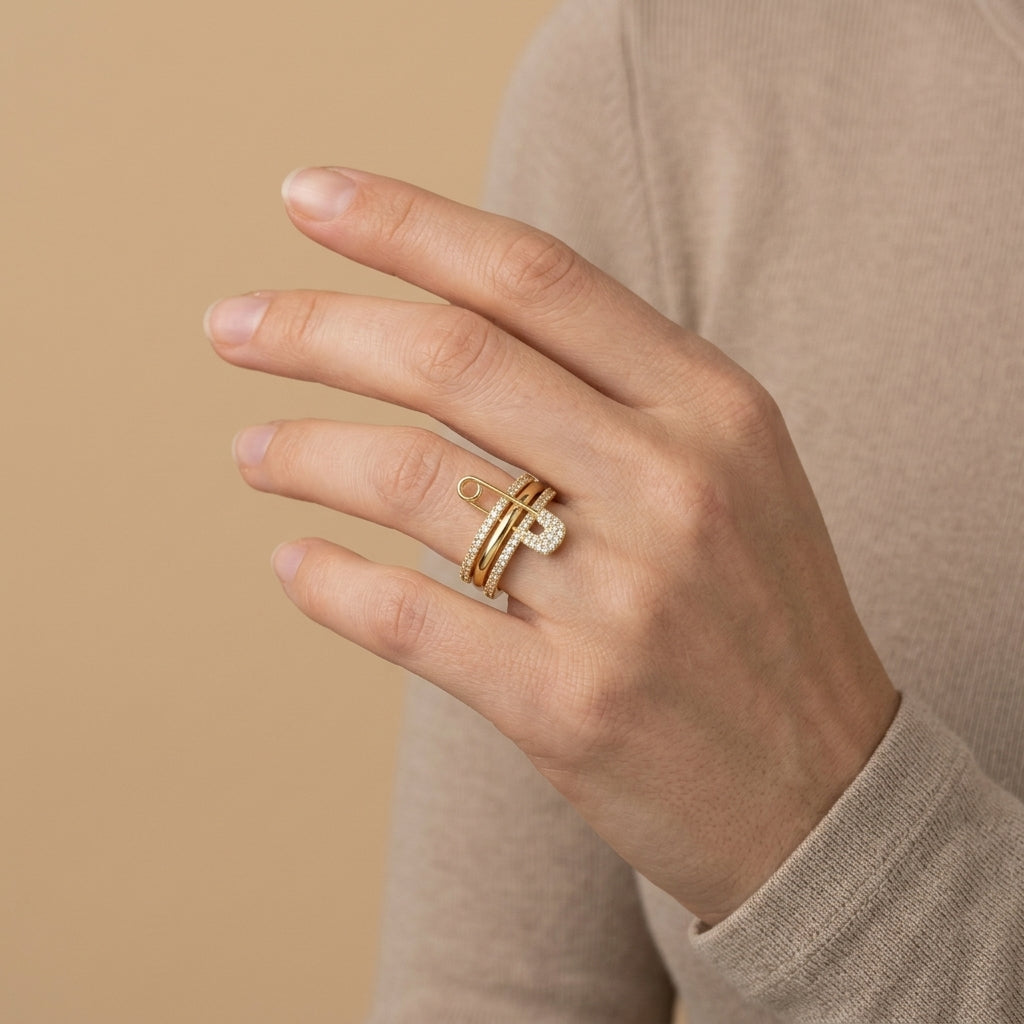 Paperclip Stacking Ring with pave cubic zirconia - gold color, worn