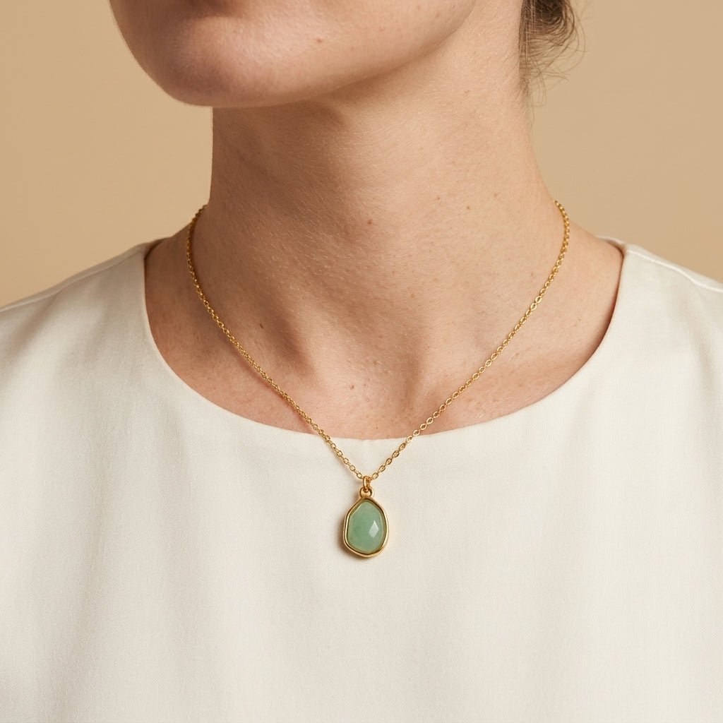 Opal Oval Pendant Necklace - green color, worn