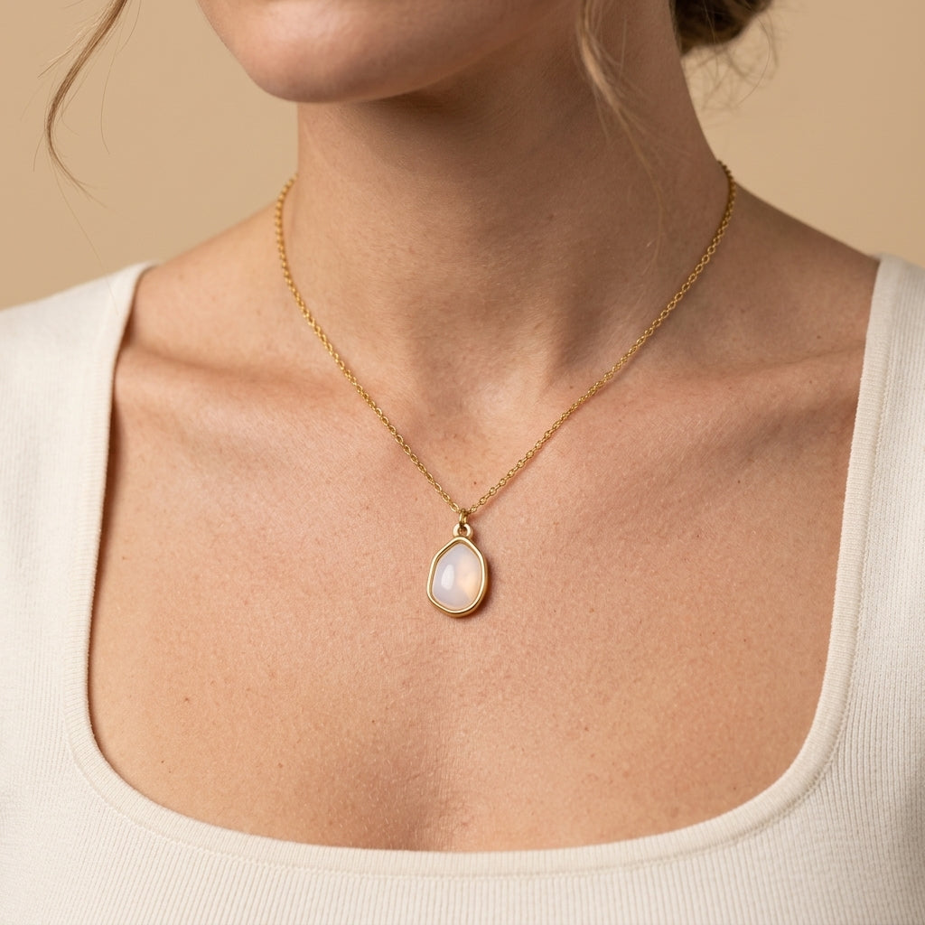 Opal Oval Pendant Necklace - white color, worn
