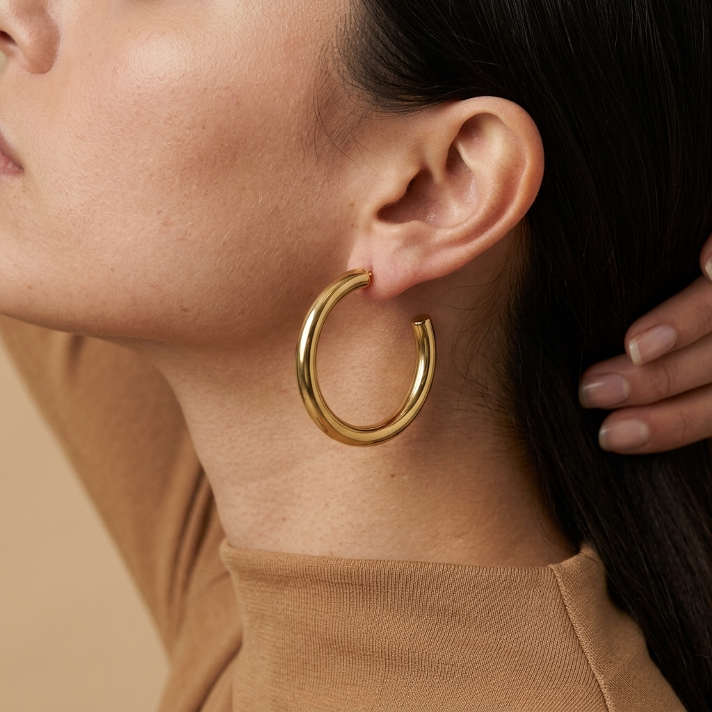 Oversized Hoop Earrings - gold color, worn