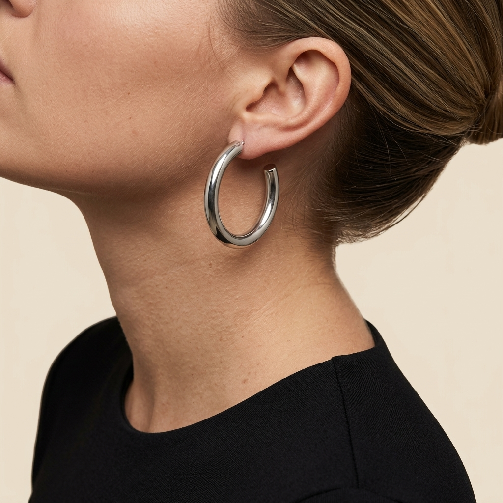 Oversized Hoop Earrings - silver color, worn