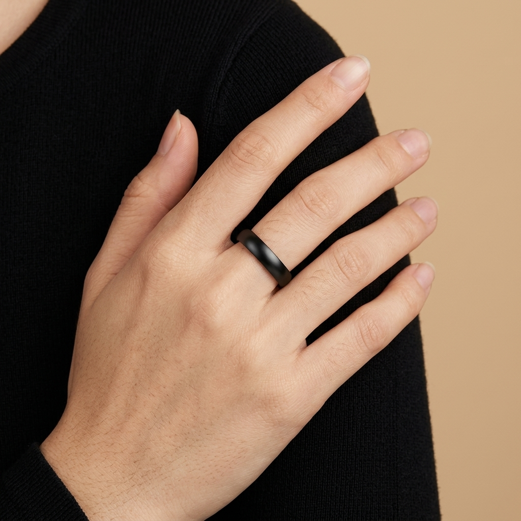 Smooth Band Ring - black color, worn