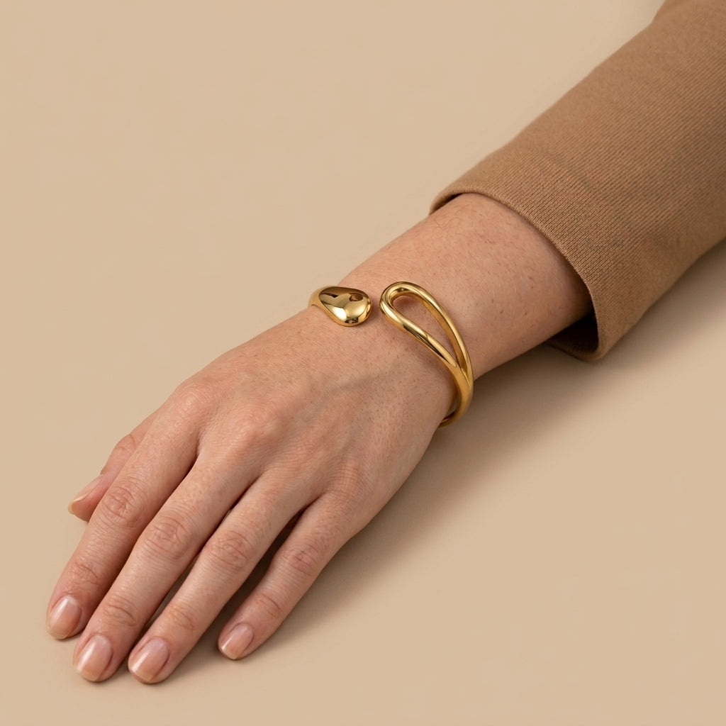 Teardrop Open Cuff Bracelet - gold color, worn