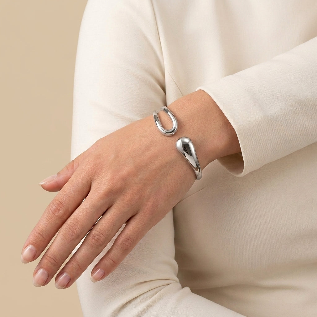 Teardrop Open Cuff Bracelet - silver color, worn