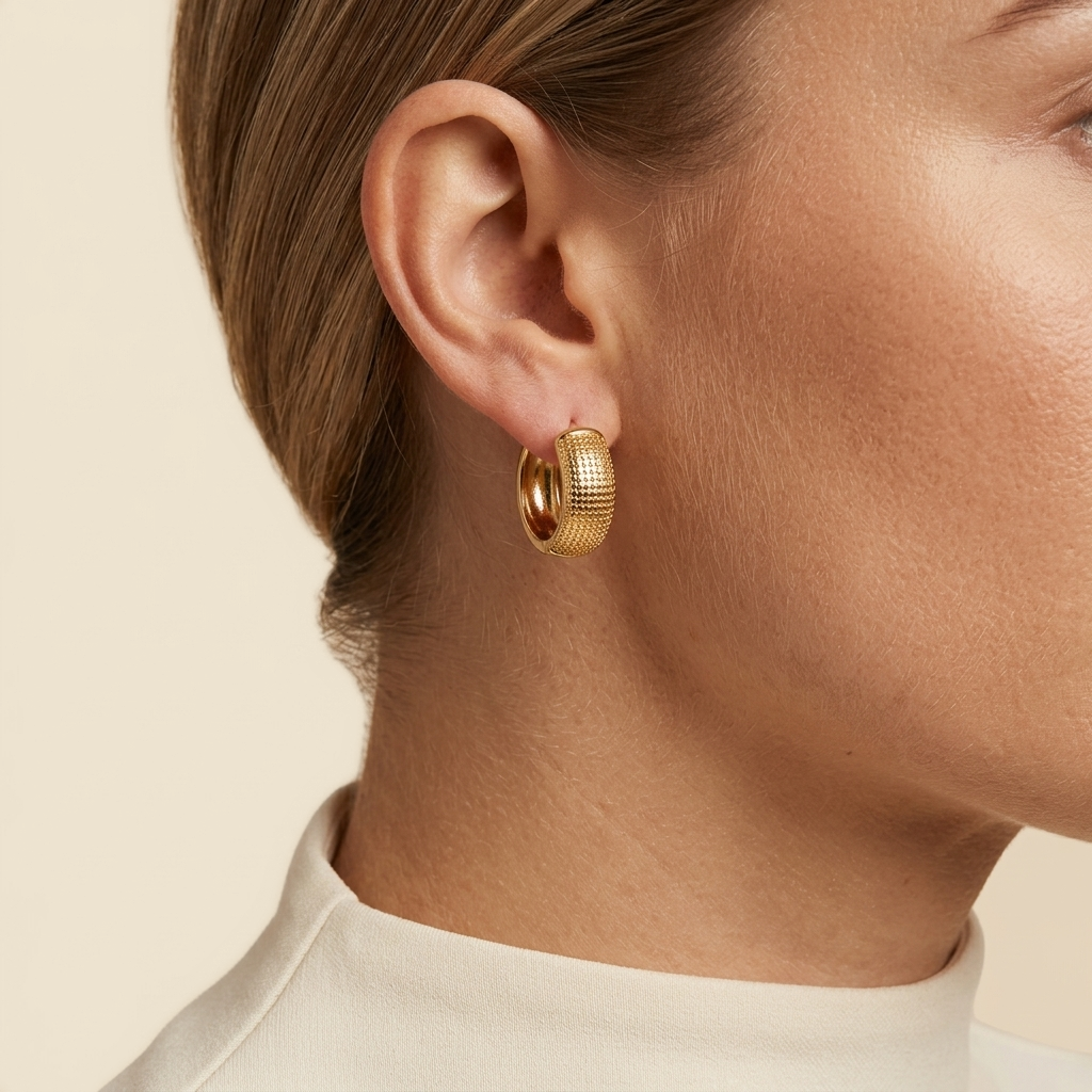 Textured Dome Hoop Earrings - gold color, worn