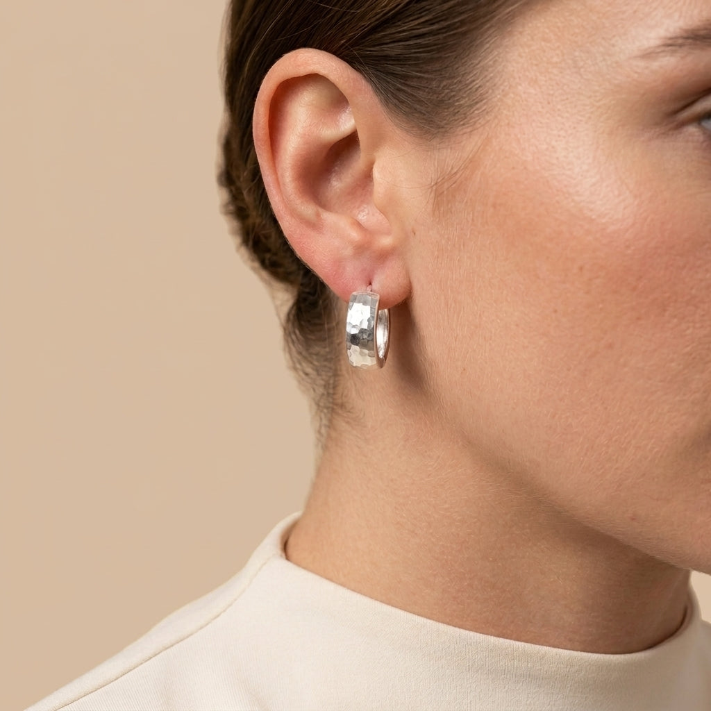 Textured Dome Hoop Earrings - silver color, worn