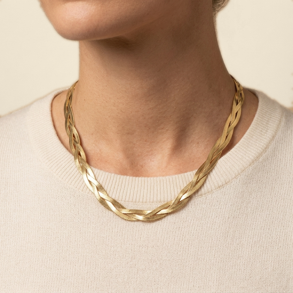 Twisted Chain Necklace - braided herringbone design, worn