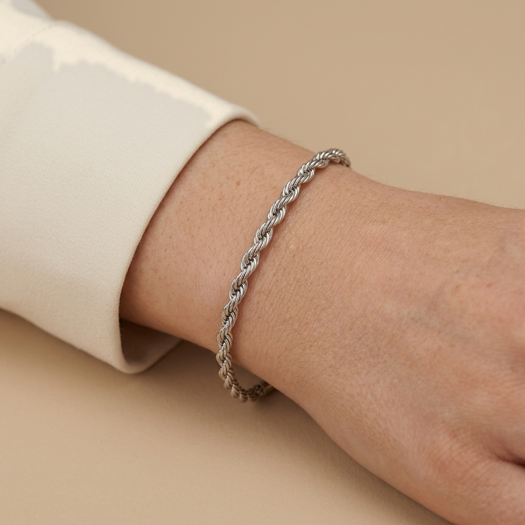 Twisted Rope Chain Bracelet - silver color, worn