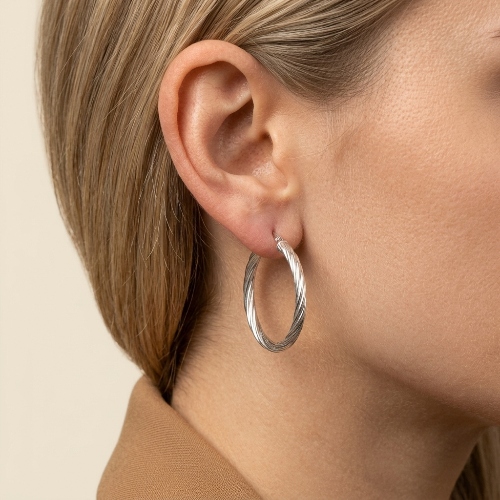 Twisted Round Hoops - silver color, worn