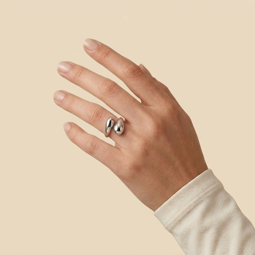 Water Drop Open Ring - silver color, worn