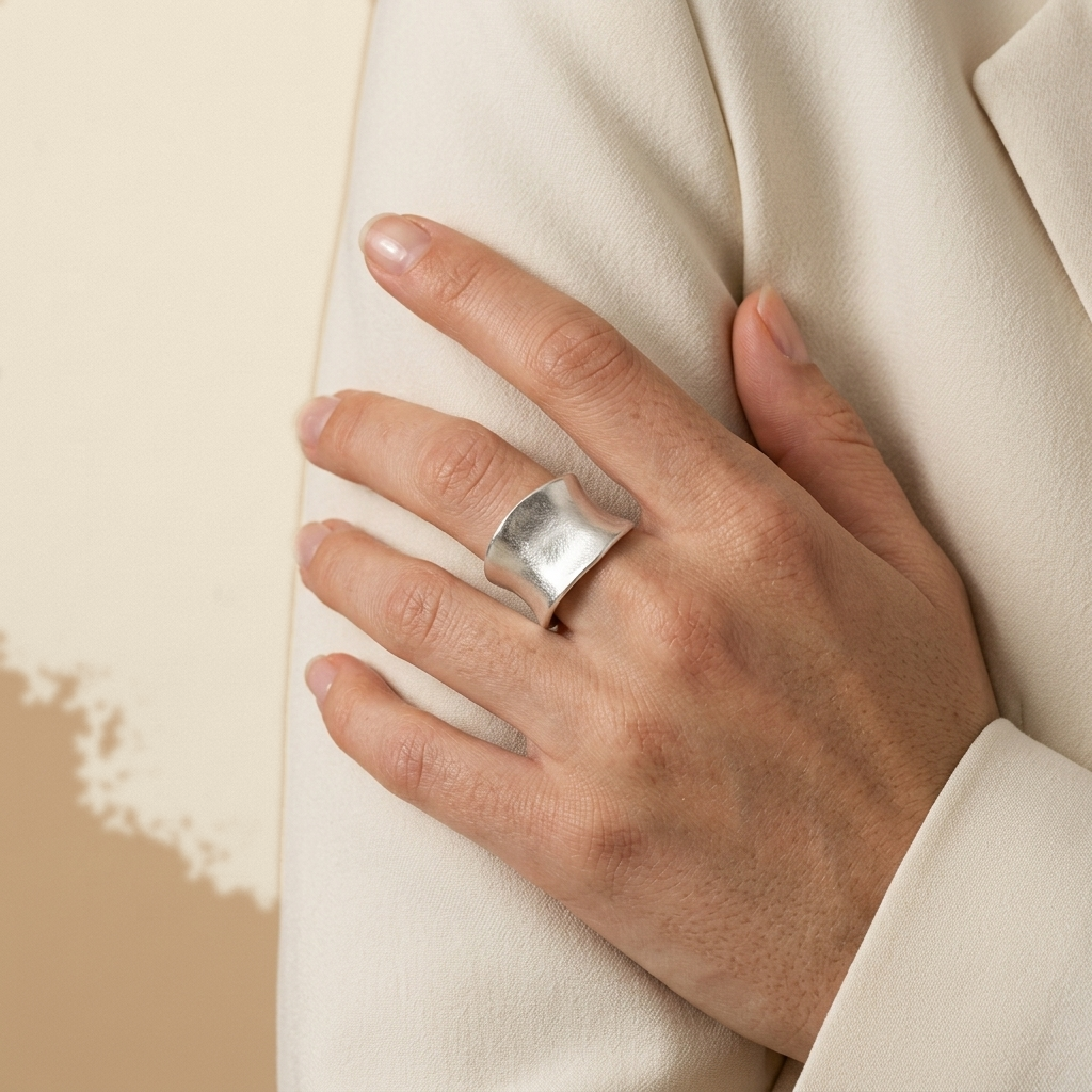 Wide Organic Cuff Ring - silver color, worn
