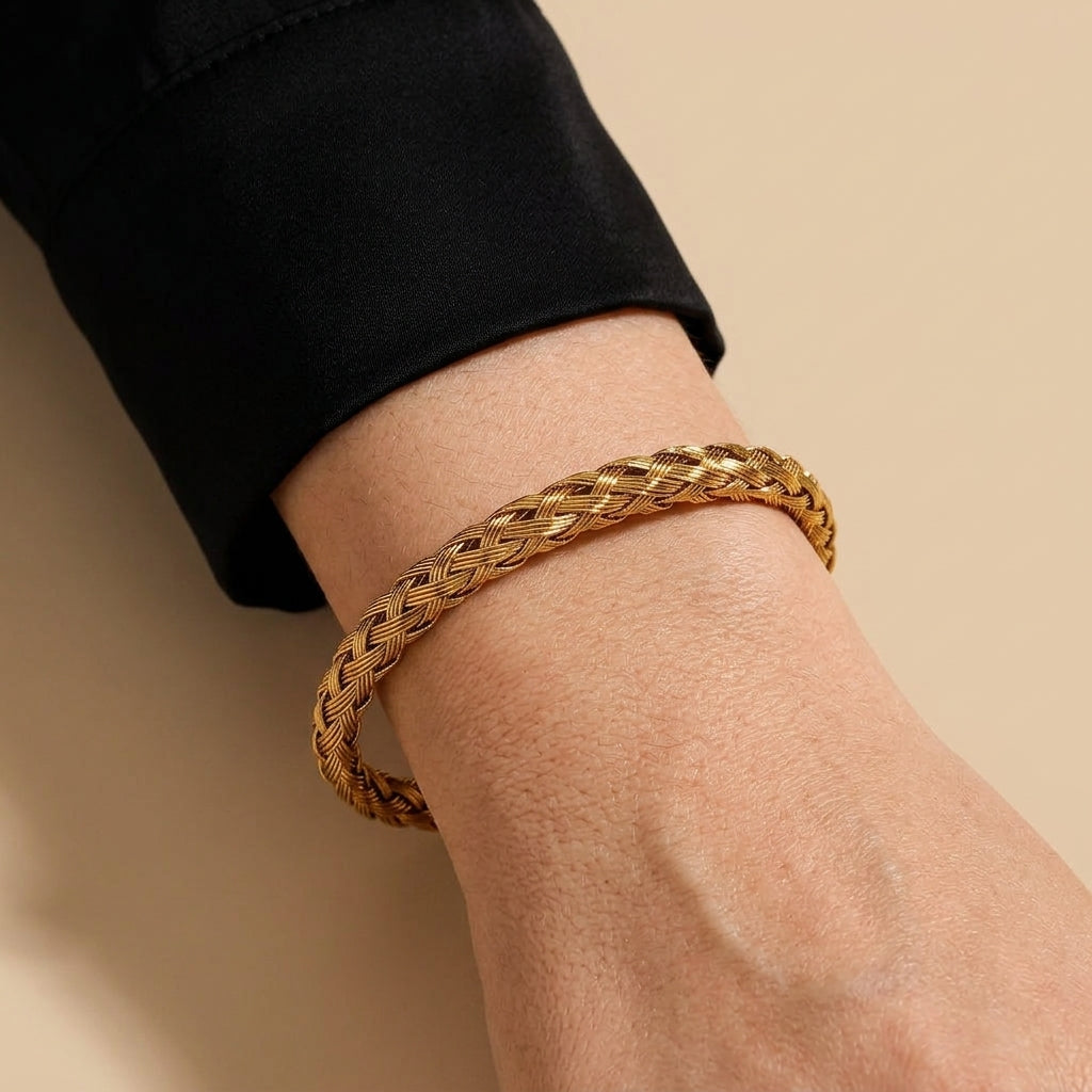 Woven Cuff Bracelet - chevron braid weave design, worn