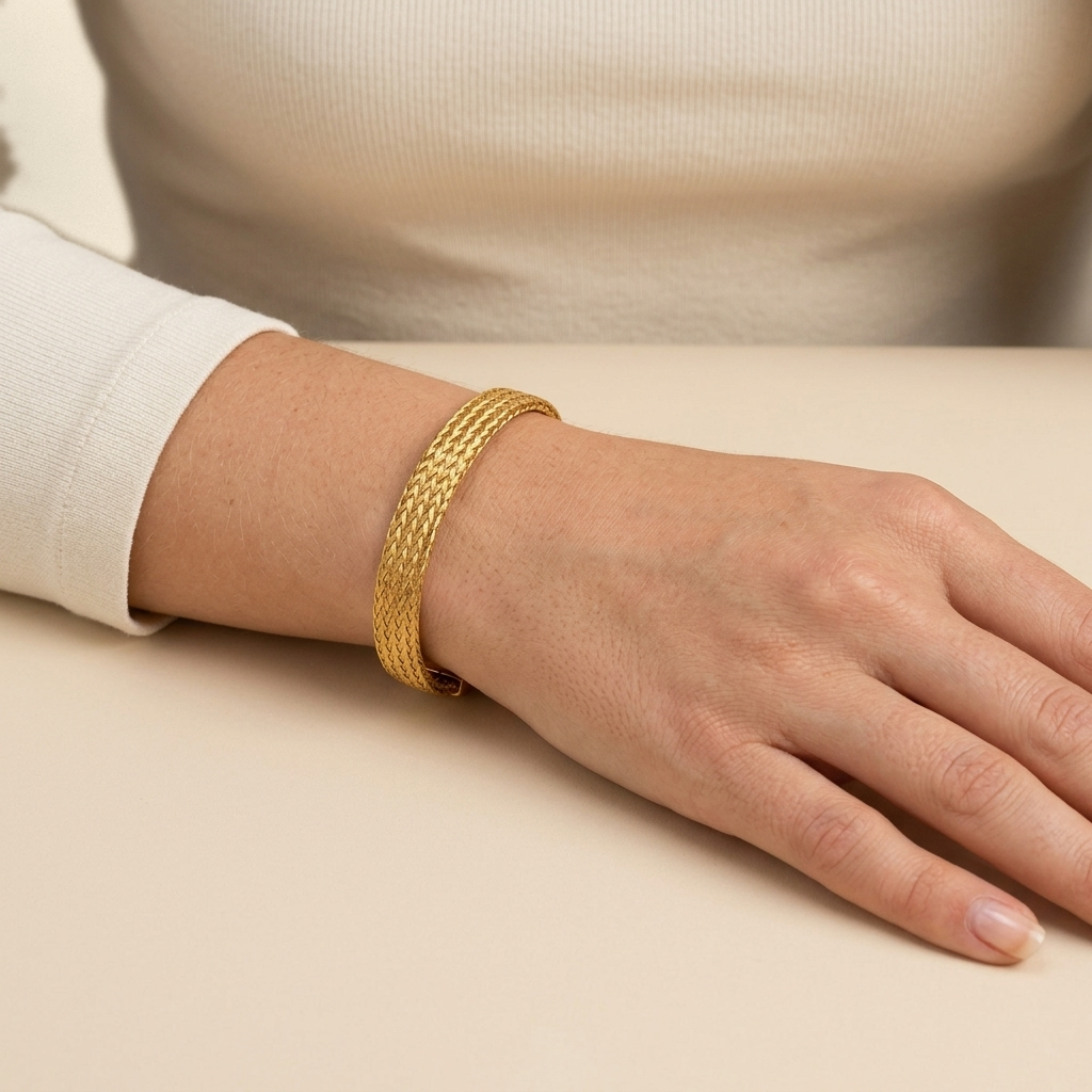 Woven Cuff Bracelet - herringbone weave design, worn